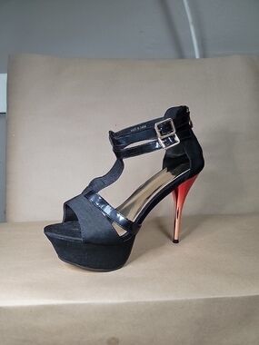 Black & Red Stiletto Platform Sandals with Ankle Straps